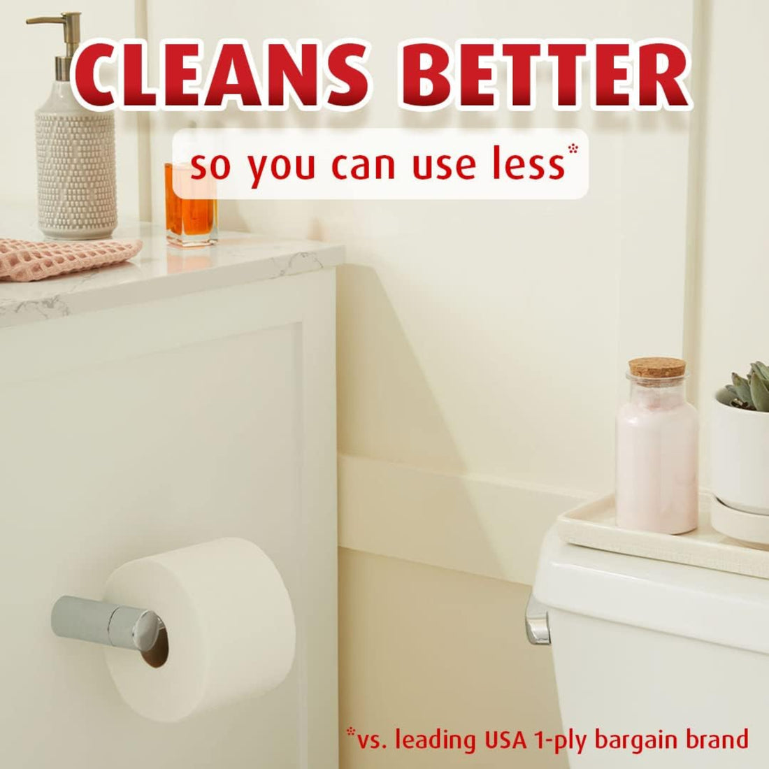 Bathroom setting with cleaning products and text about product effectiveness
