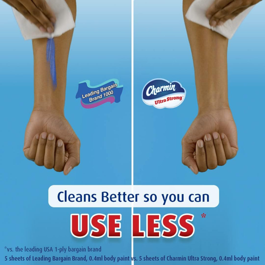 Comparison of Leading Bargain Brand 1000 and Charmin Ultra Strong toilet paper on a blue background.
