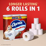 Charmin Mega XL Ultra Strong toilet paper with packaging and multiple rolls on a red background