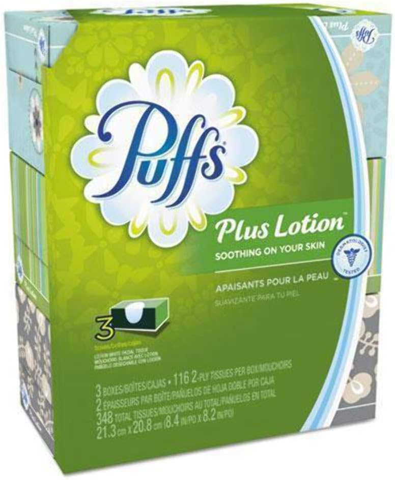 Puffs Puffs plus lotion facial tissues, 3 family boxes, 116 tissues per box, 348 Count,116 Count (Pack of 3)