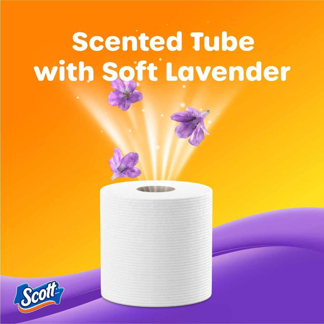 Scott toilet paper roll with lavender flowers on an orange and purple background