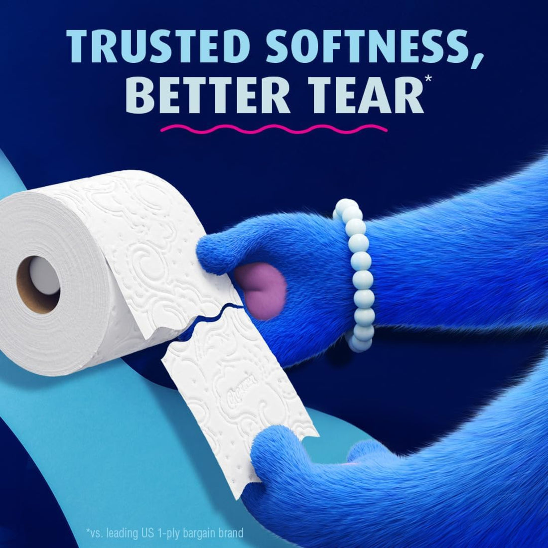 Blue cartoon hand with a bracelet holding a roll of toilet paper against a blue background with text about product quality.