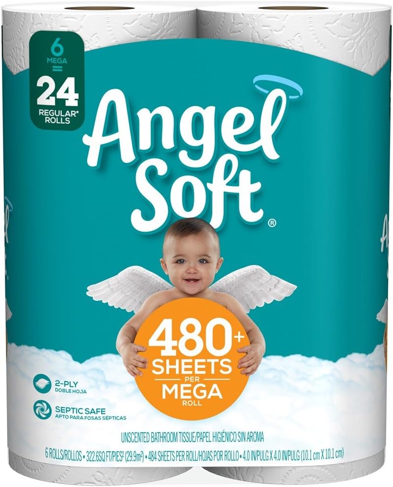 Angel Soft Toilet Paper, 6 Mega Rolls, 6 = 24 Regular Bath Tissue Rolls, 480+ 2-Ply Sheets Per Roll