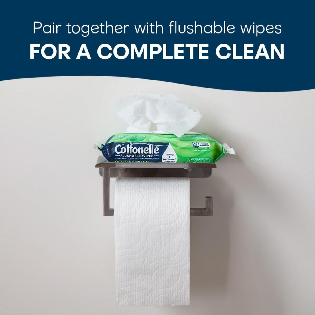 Cotonele flushable wipes and toilet paper on a holder with text 'Pair together with flushable wipes FOR A COMPLETE CLEAN'.