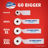 Charmin Ultra Strong toilet paper roll comparison chart on a red background