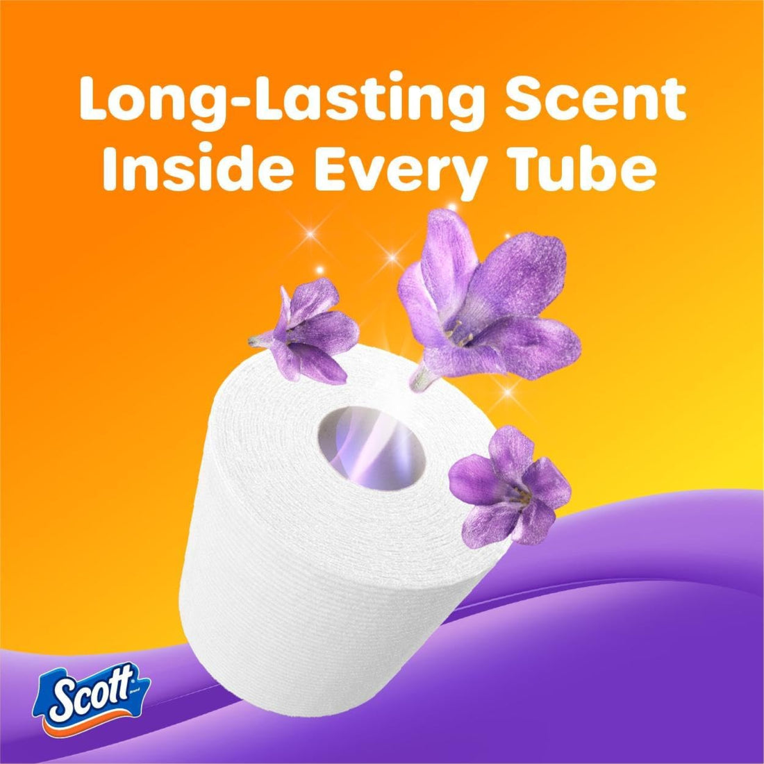 Scott toilet paper with purple flowers and 'Long-Lasting Scent Inside Every Tube' text on an orange and purple background.