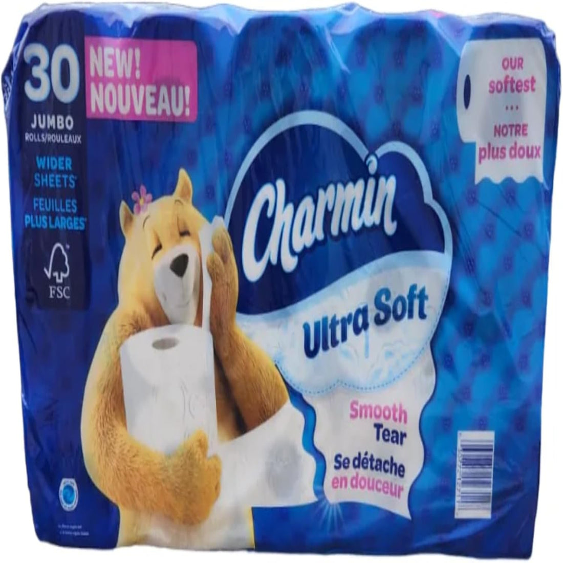 Charmin Ultra Soft toilet paper package with a bear illustration on a blue background