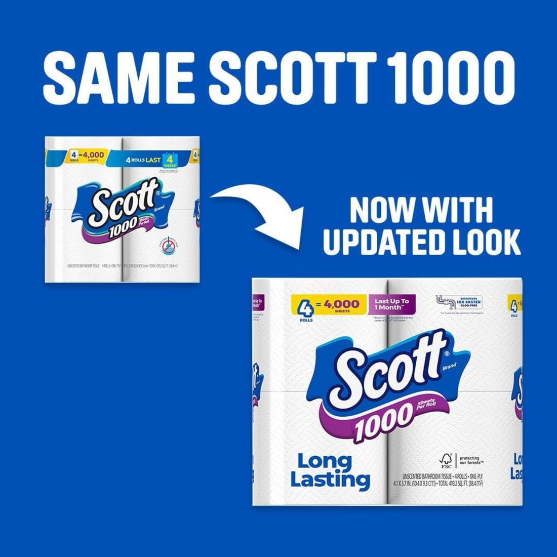 Comparison of Scott 1000 toilet paper packaging with updated design on a blue background