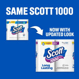 Comparison of Scott 1000 toilet paper packaging with updated design on a blue background