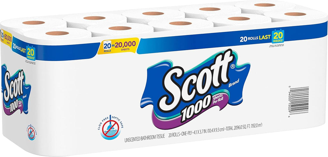 Scott 1000 Sheets Per Roll Toilet Paper Bathroom Tissue, White 40 Carton