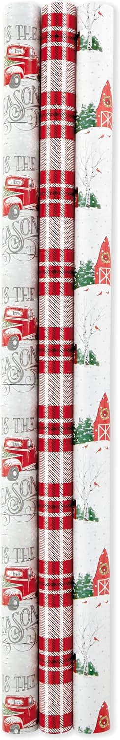 Hallmark Reversible Christmas Wrapping Paper, 3 Rolls (Red Truck, Plaid, Barn), 120 Sq Ft – view 3