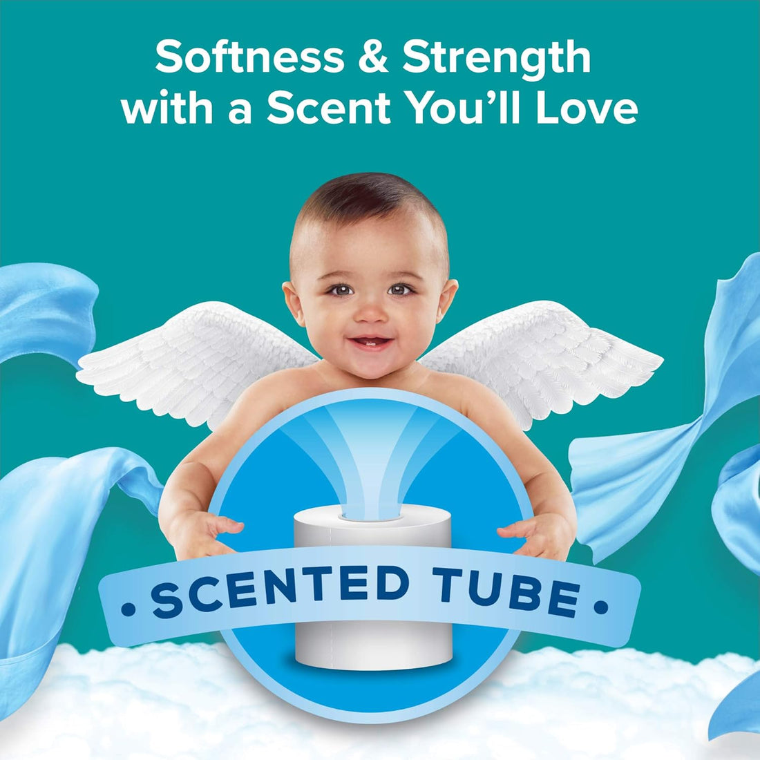 Advertisement featuring a baby with angel wings holding a scented tube against a blue background.