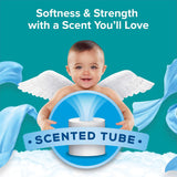 Advertisement featuring a baby with angel wings holding a scented tube against a blue background.