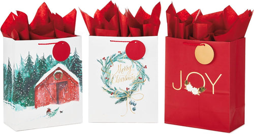 Hallmark Large Christmas Gift Bags with Tissue Paper, 3-Pack (Wreath, Gold Joy, Red Barn)