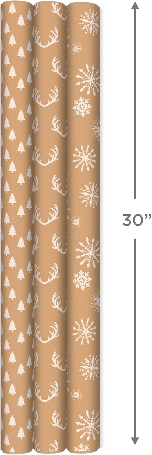 Hallmark Kraft Christmas Wrapping Paper, 3 Rolls (Trees, Antlers, Snowflakes), 90 Sq Ft – view 3