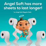 Cartoon angel surrounded by toilet paper rolls with text about Angel Soft toilet paper.