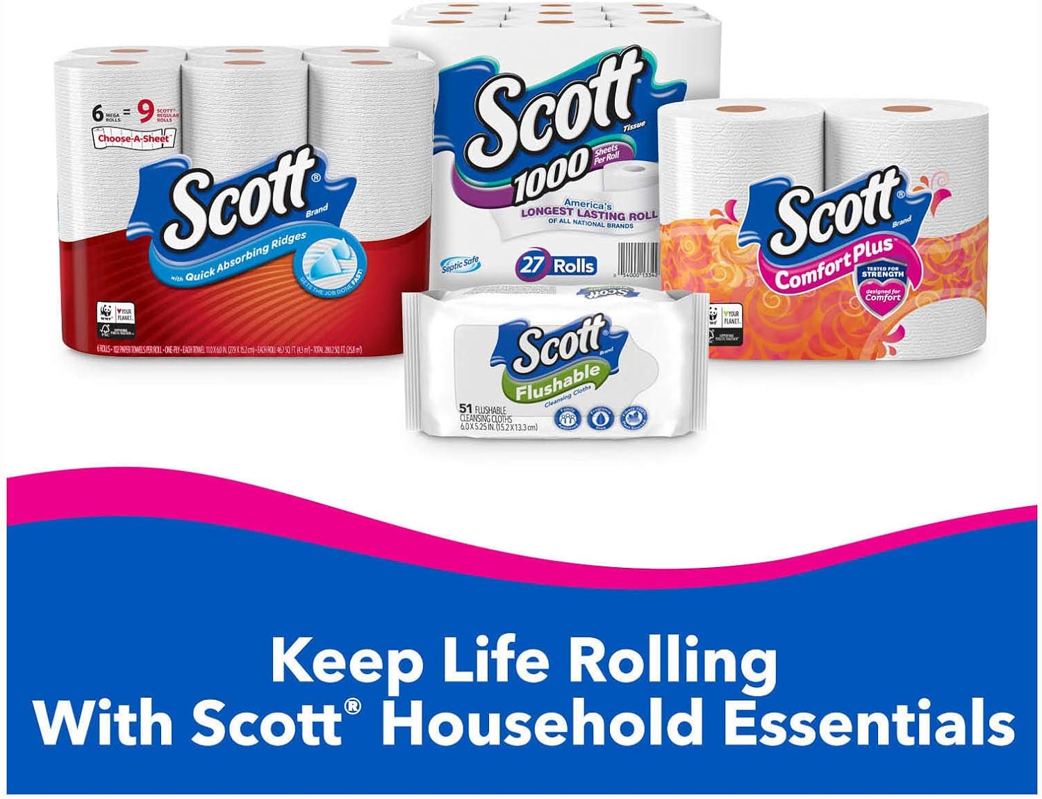 Scott ComfortPlus Toilet Paper, 4 Packs of 6 Mega Rolls (24 Rolls Total) Bath Tissue, White