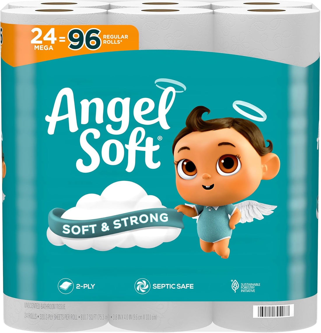 Angel Soft Toilet Paper, 24 Mega Rolls = 96 Regular Rolls, Soft and Strong Toilet Tissue