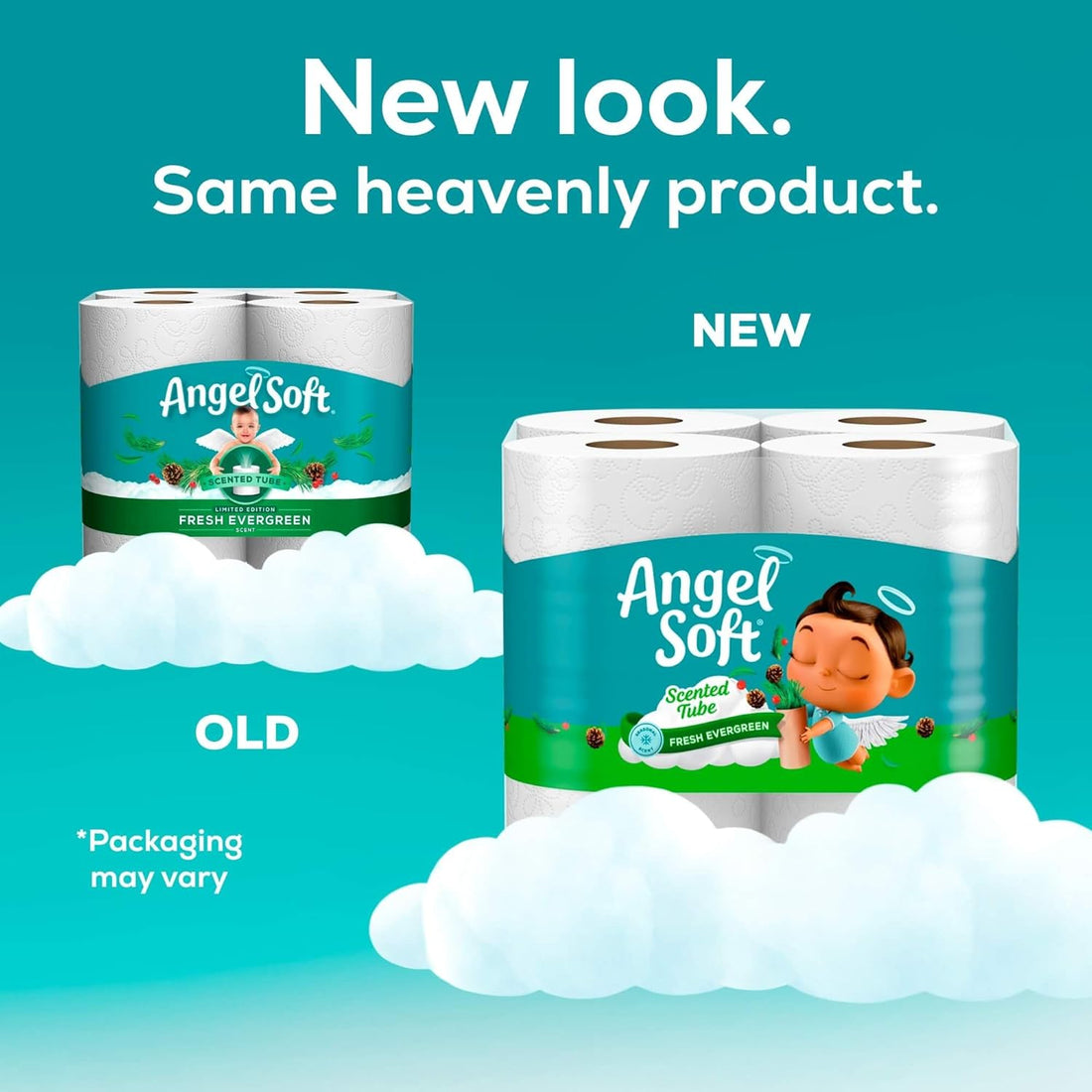 Comparison of Angel Soft toilet paper rolls with new and old packaging on a blue background.