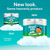 Comparison of Angel Soft toilet paper rolls with new and old packaging on a blue background.