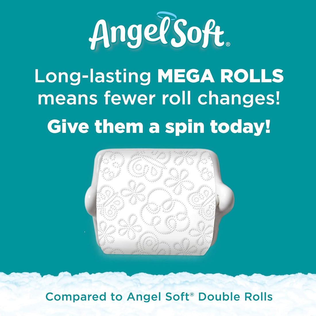 Advertisement for Angel Soft toilet paper with a blue background and text highlighting 'Long-lasting MEGA ROLLS'.