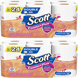 Two packages of Scott Comfort Plus toilet paper with colorful packaging.