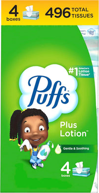 Puffs Plus Lotion Facial Tissues, 8 Family Boxes, 124 Facial Tissues per Box, Allergies and Colds