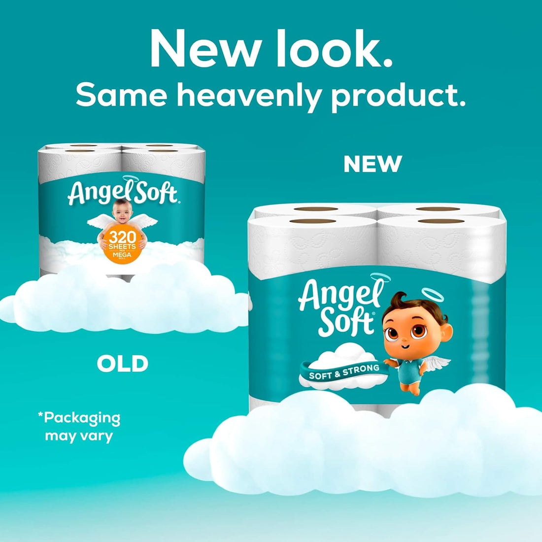 Comparison of Angel Soft toilet paper packaging, new and old versions, on a blue background with clouds.