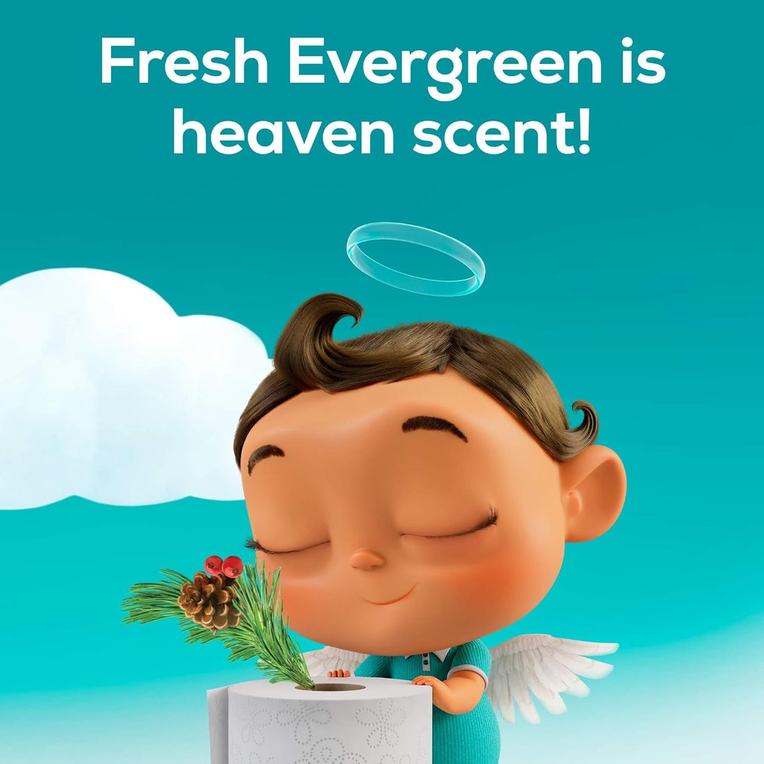 Cartoon character with angel wings holding a plant with pine cones and evergreen branches against a blue sky.