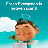 Cartoon character with angel wings holding a plant with pine cones and evergreen branches against a blue sky.