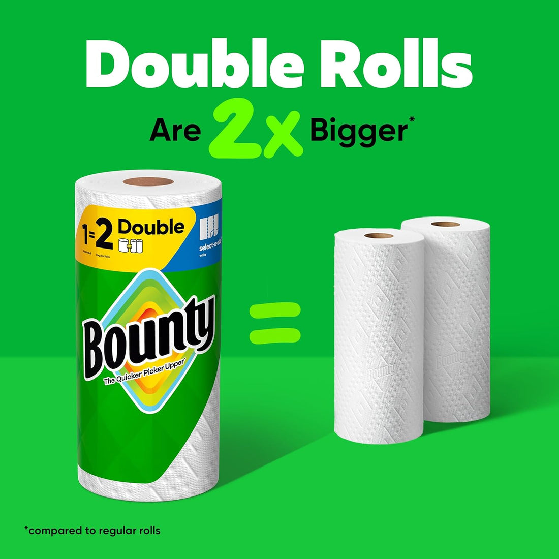 Bounty paper towel packaging with two double rolls on a green background