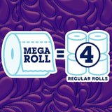 Diagram showing one mega roll equals four regular rolls on a purple textured background