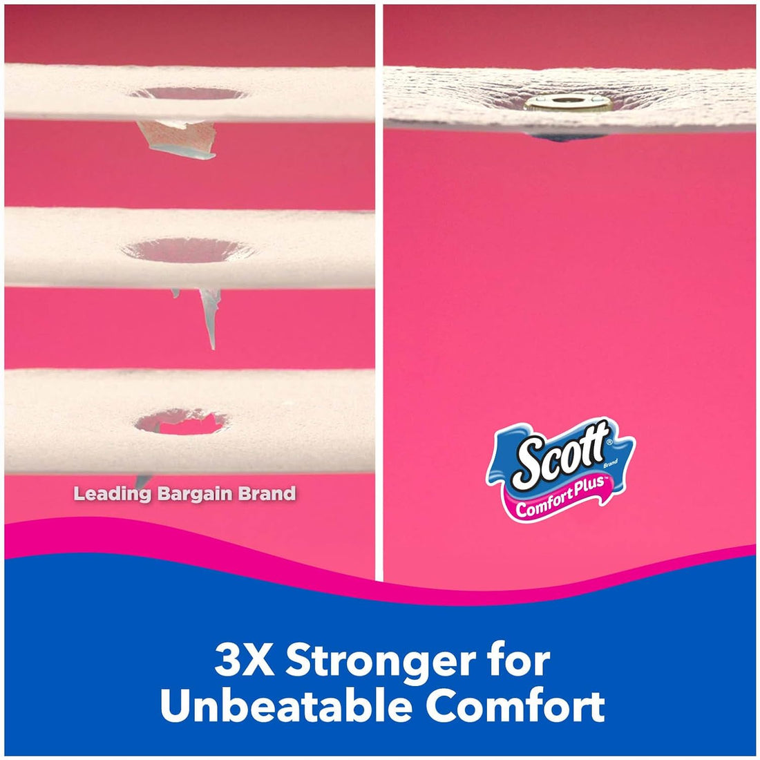 Scott Comfort Plus toilet paper packaging with pink and blue design