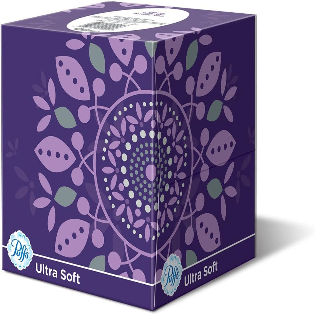 Purple box with floral pattern and 'Puffs' branding on a white background