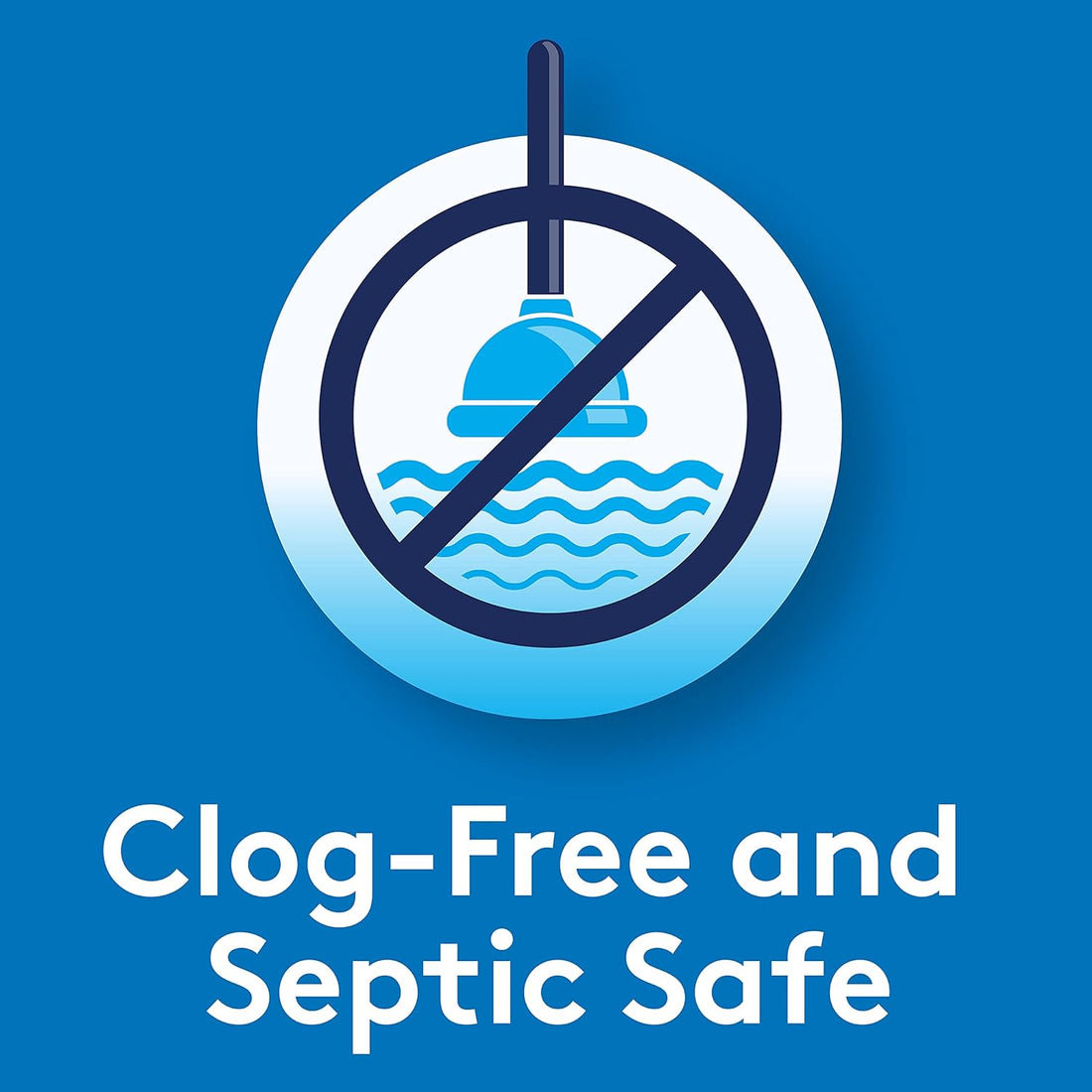 Logo with a blue water droplet icon and 'Clog-Free and Septic Safe' text on a blue background