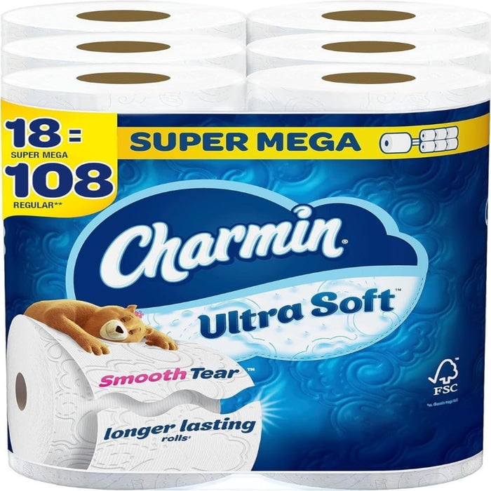 Charmin Ultra Soft Super Mega Toilet Paper, 2-Ply – 18 Rolls, 366 Sheets Each