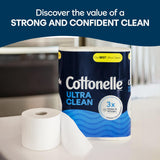 Cottonelle Ultra Clean toilet paper on a bathroom counter with a sink in the background.