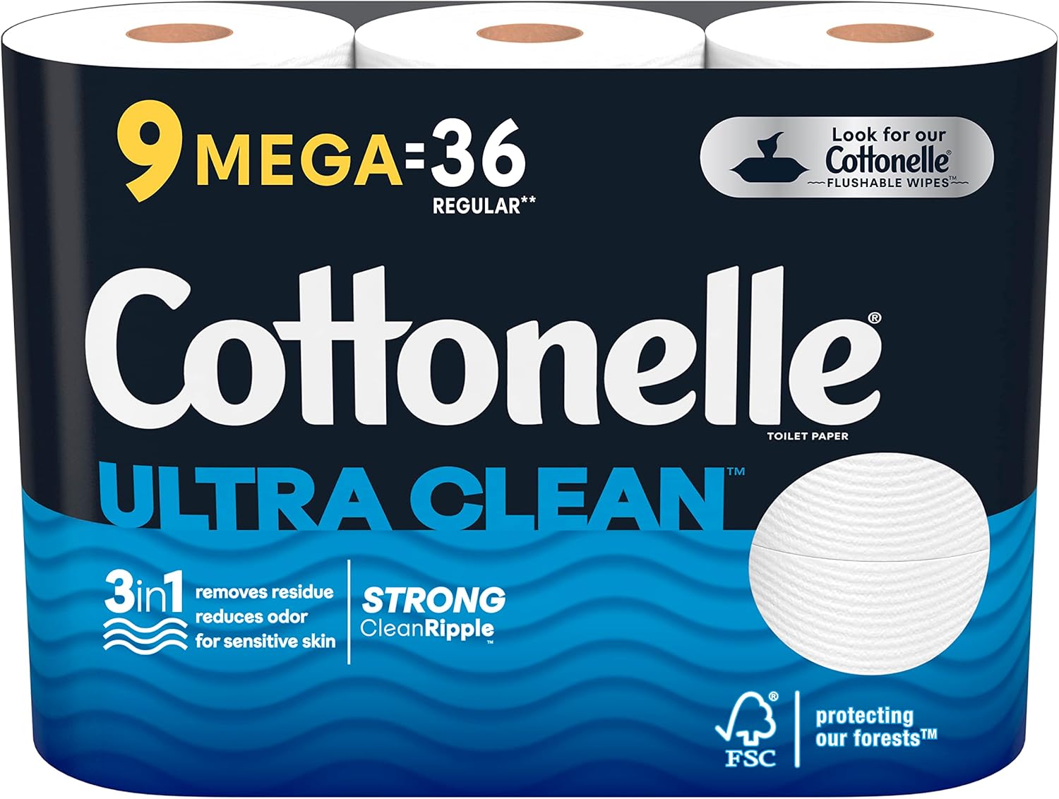Cottonelle Ultra Clean Toilet Paper, 9 Mega Rolls (9 Mega Rolls = 36 Regular Rolls), 284 Sheets Per Roll, Packaging May Vary