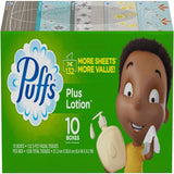 Puffs Plus Lotion facial tissues packaging with a child holding tissues on a green background