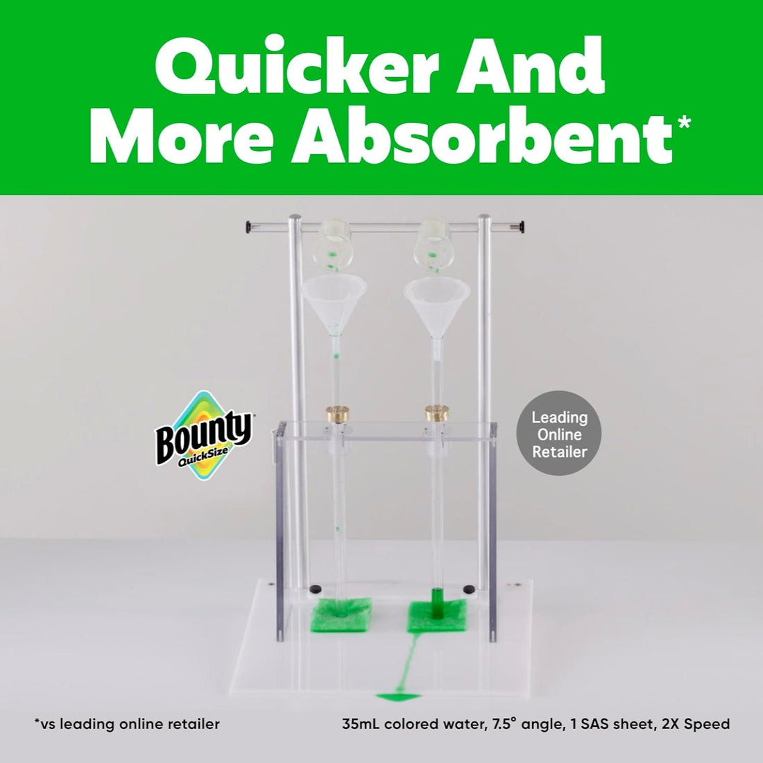 Bounty Quick-Step absorbency test setup with text highlighting speed and absorbency.
