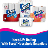 Scott toilet paper and wipes packaging on a white background with promotional text.