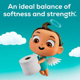 Cartoon baby character holding a roll of toilet paper against a blue sky with clouds, with text 'An ideal balance of softness and strength.'.