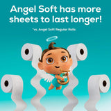 Advertisement for Angel Soft toilet paper with a cartoon angel character on a blue background