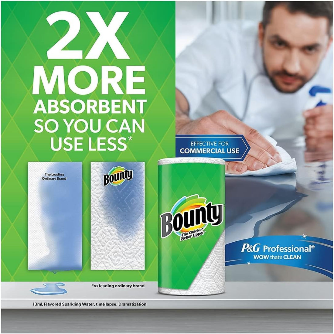 Bounty paper towels packaging with a man cleaning a surface, emphasizing absorbency and effectiveness.