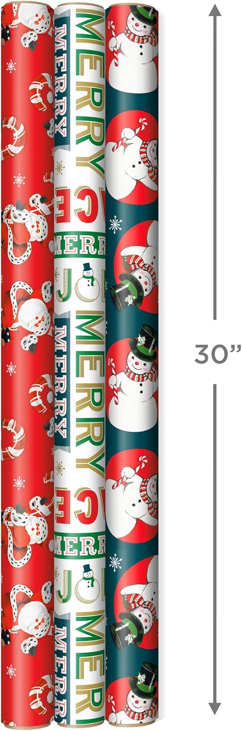 Hallmark Vintage Christmas Wrapping Paper with Cut Lines, 3 Rolls (Dancing Santa, Snowman, Holiday Words), 120 Sq Ft – view 3