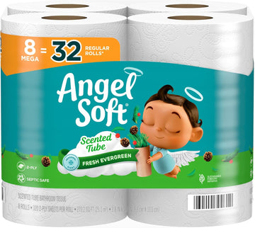 Angel Soft Toilet Paper with Fresh Evergreen Scented Tube, 8 Mega Rolls = 32 Regular Rolls, Soft and Strong Toilet Tissue