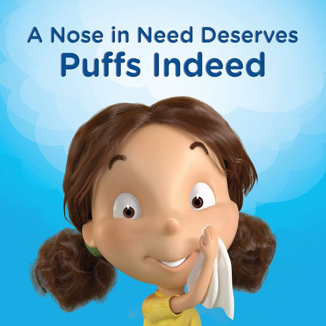 Cartoon girl with pigtails wiping her nose on a tissue against a blue background with text.