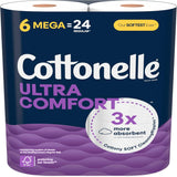 Cottonelle Ultra Comfort toilet paper package with purple and blue design.