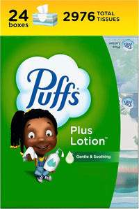 Puffs Plus Lotion Facial Tissues, 8 Family Boxes, 124 Facial Tissues per Box, Allergies and Colds