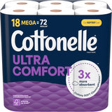 Cottonelle Ultra Comfort toilet paper package with 18 Mega rolls on a blue and purple background.
